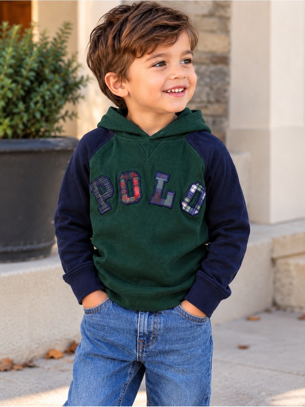 Polo Ralph Lauren Boys 4T Green Navy Plaid Logo Hoodie Long Sleeve Shirt